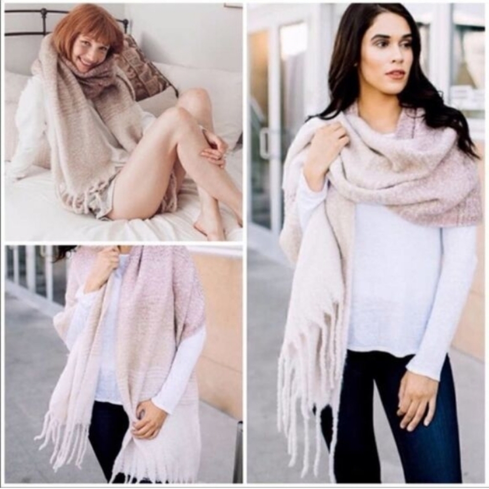 Mer Sea Soft Beige & Pink Scarf/ Shawl with Fringe Cozy Soft 21x80